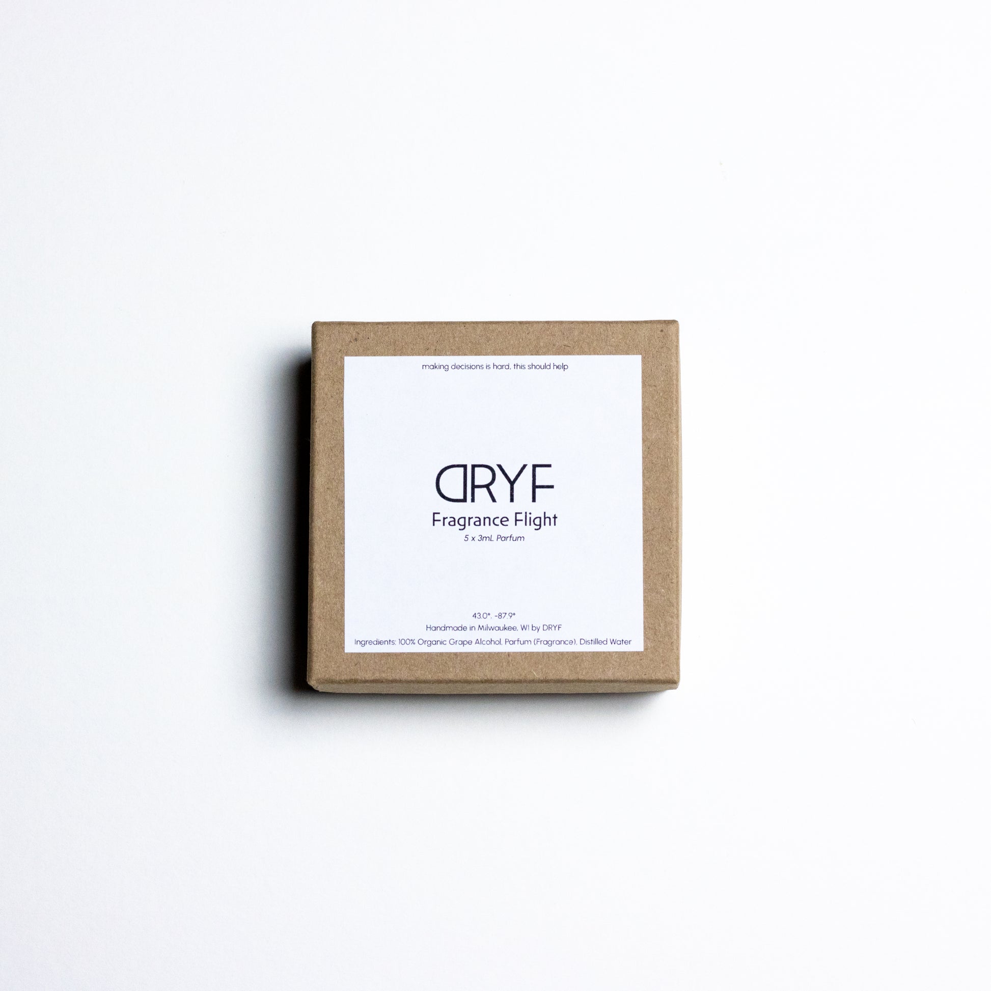 Unisex fragrance sample set by DRYF, with five 3mL glass vials to play, layer, and explore different scent combinations.