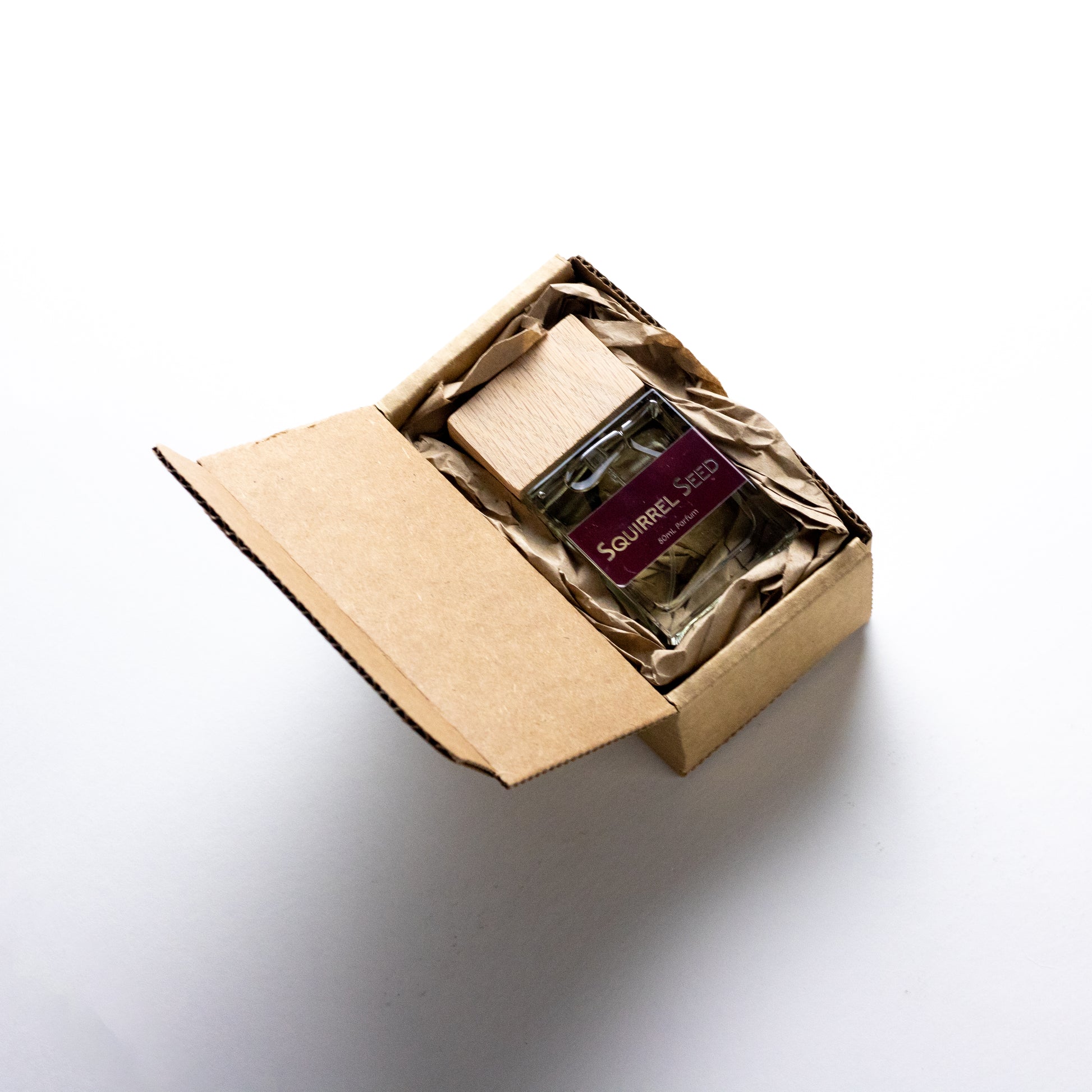 DRYF's Squirrel Seed fragrance, a captivating unisex blend of ginger, lime, pomegranate, and earthy woods, celebrating the mystery of nature all packaged in an eco-friendly box.