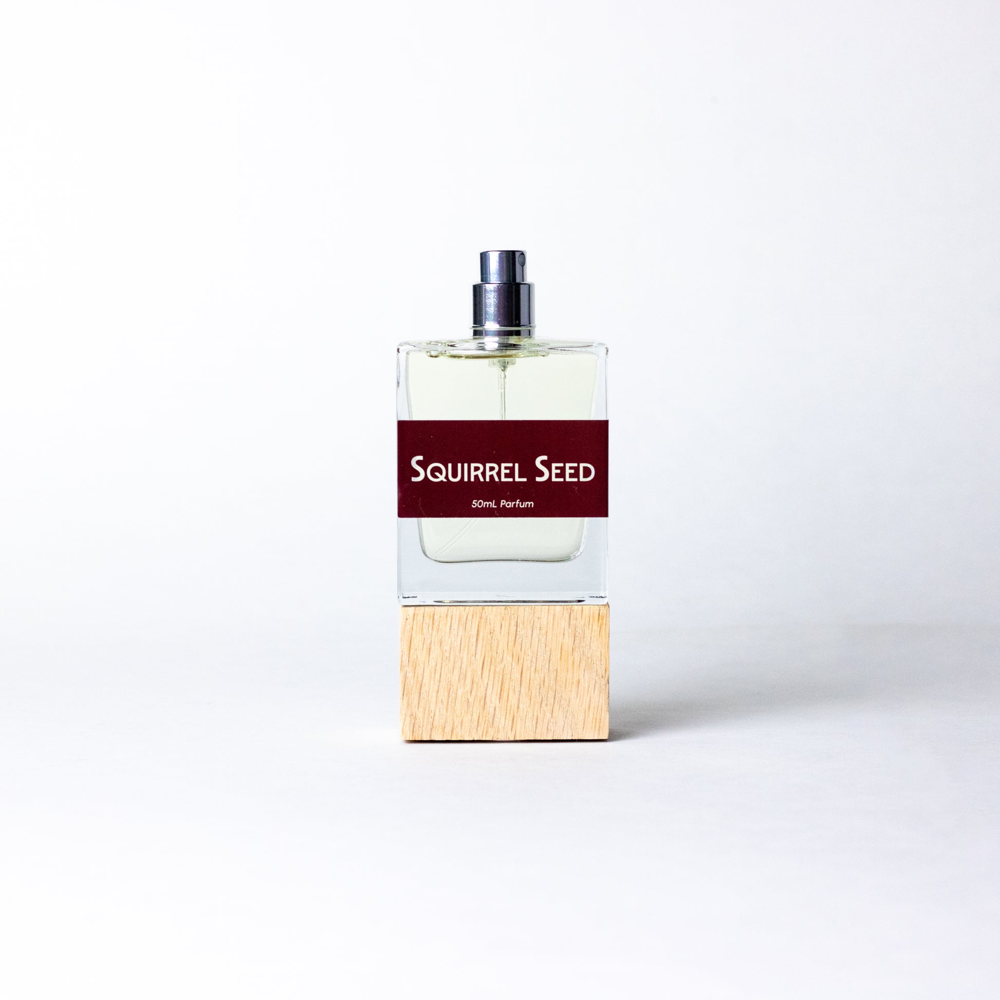 Squirrel Seed by DRYF, a handcrafted unisex fragrance with notes of ginger, lime, pomegranate, deep resins, woods, and musk, inspired by woodland adventures.
